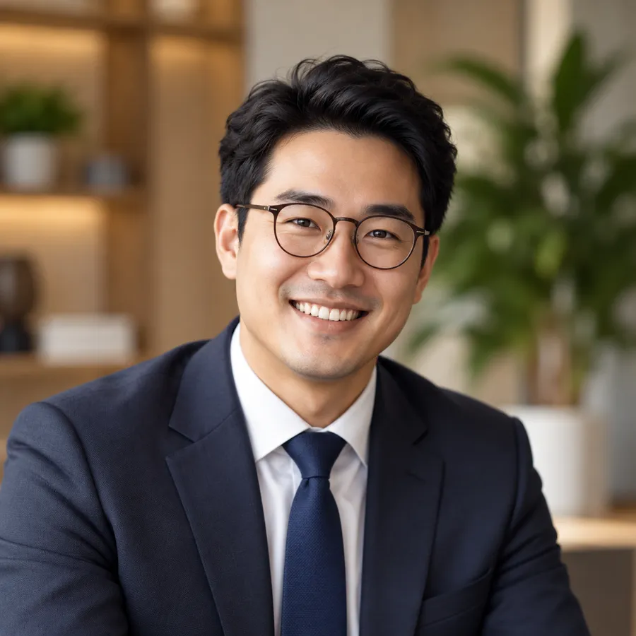 Portrait of Daniel Kim smiling, with round glasses, a navy suit and tie, in front of warm wooden shelves