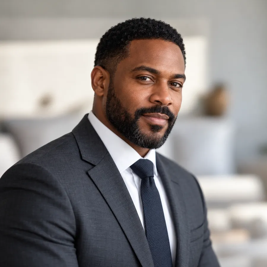 Portrait of Marcus Bell with a short beard, a charcoal suit and a dark tie, in a light living room