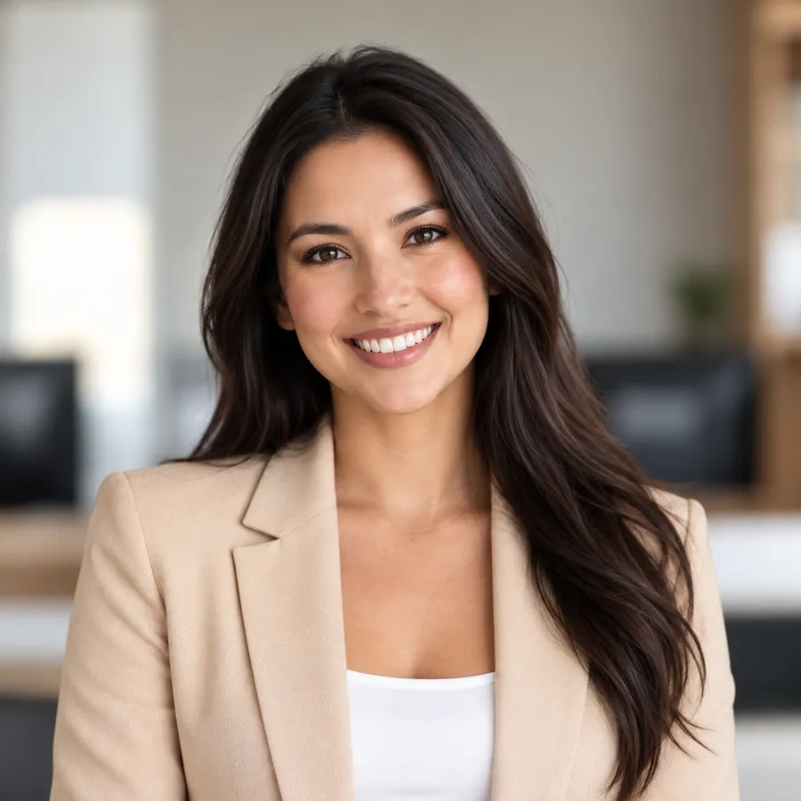 Portrait of Olivia Park smiling, with long dark hair and a beige blazer, in a light modern office