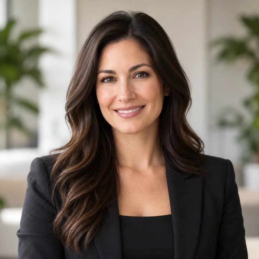 Portrait of Sophia Carter smiling, with long dark brown hair and a black blazer, in a bright office with plants