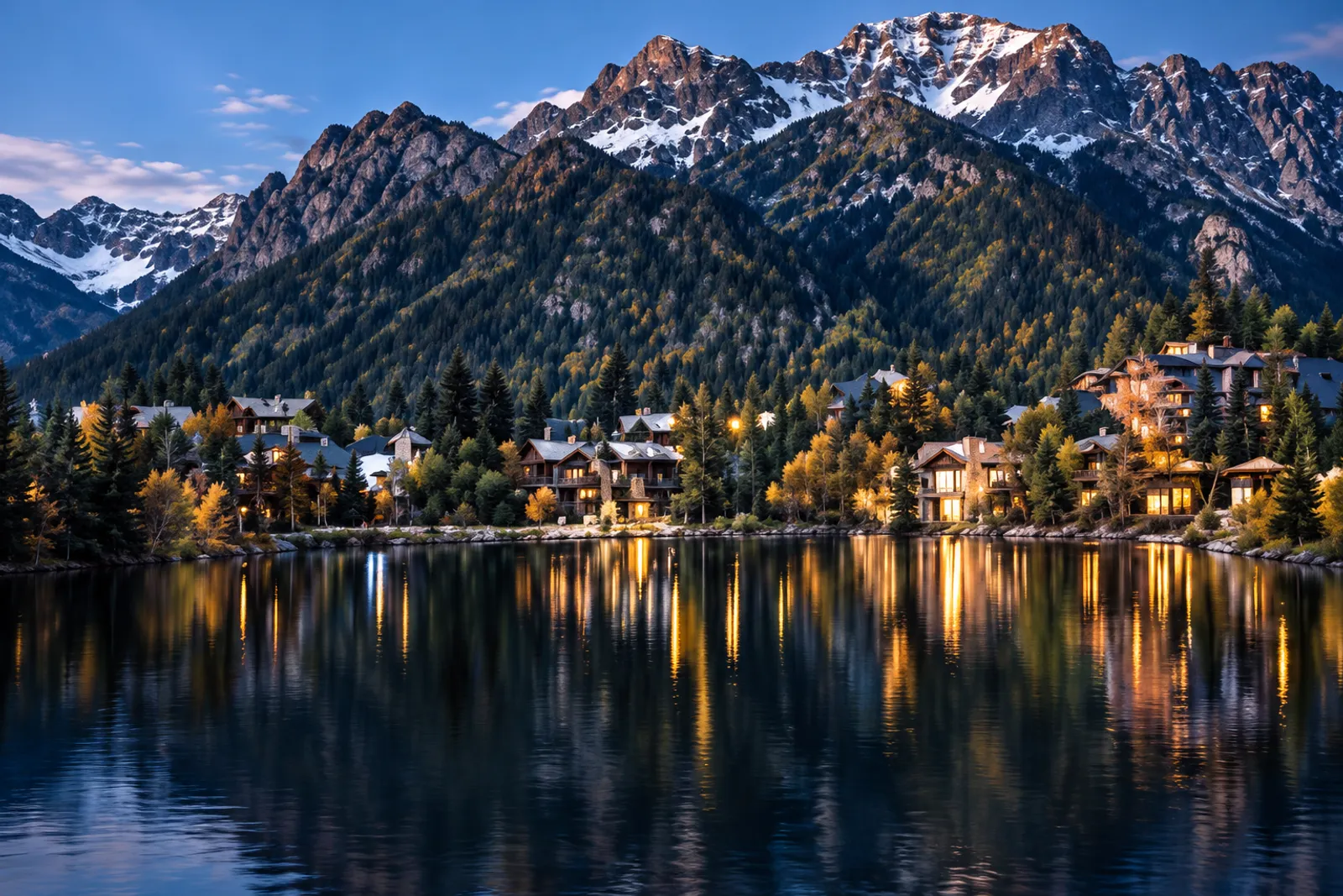Lit chalets along a calm lake at dusk below a big snowy mountain