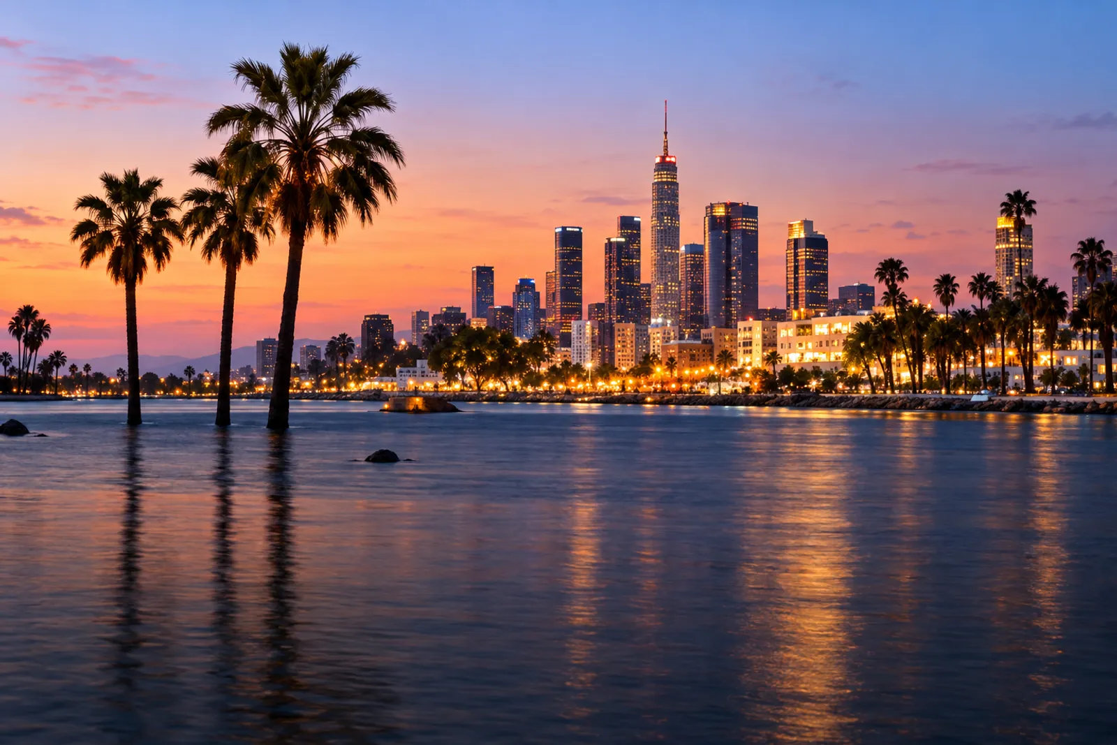 Palm trees silhouetted against a city skyline at sunset, the lights reflected in calm water