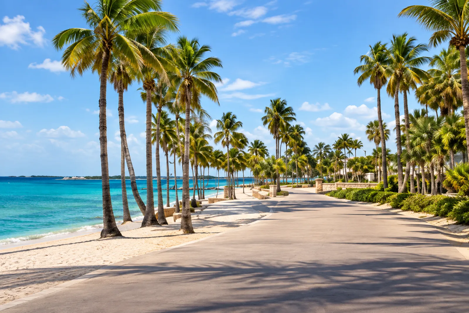 A beach promenade lined with tall palm trees beside a turquoise sea under a blue sky