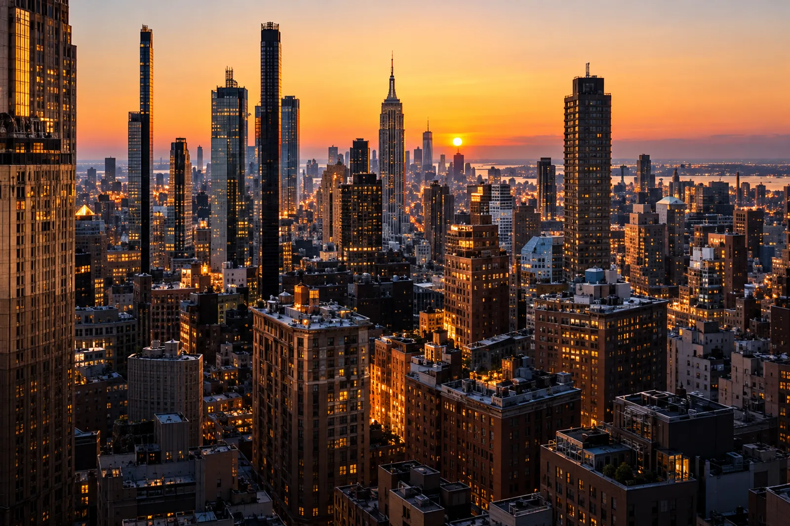 A dense skyline of skyscrapers seen from above at golden-hour sunset