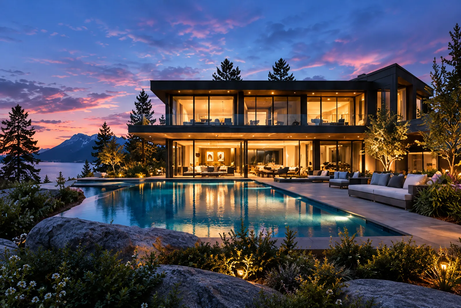 A flat-roofed two-storey lake house at blue hour, its glass walls glowing, a long lit pool and lounge terrace in front and mountains across the water