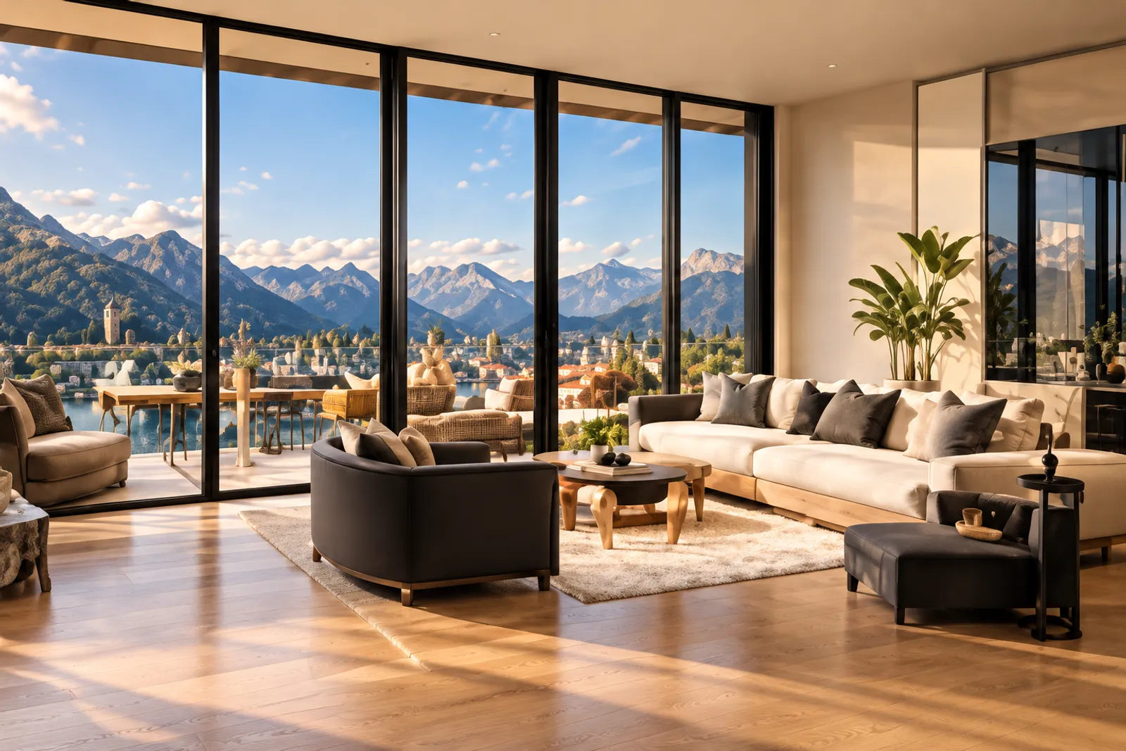 A bright apartment living room with a cream sofa and a round leather armchair before floor-to-ceiling windows onto mountains and a lake