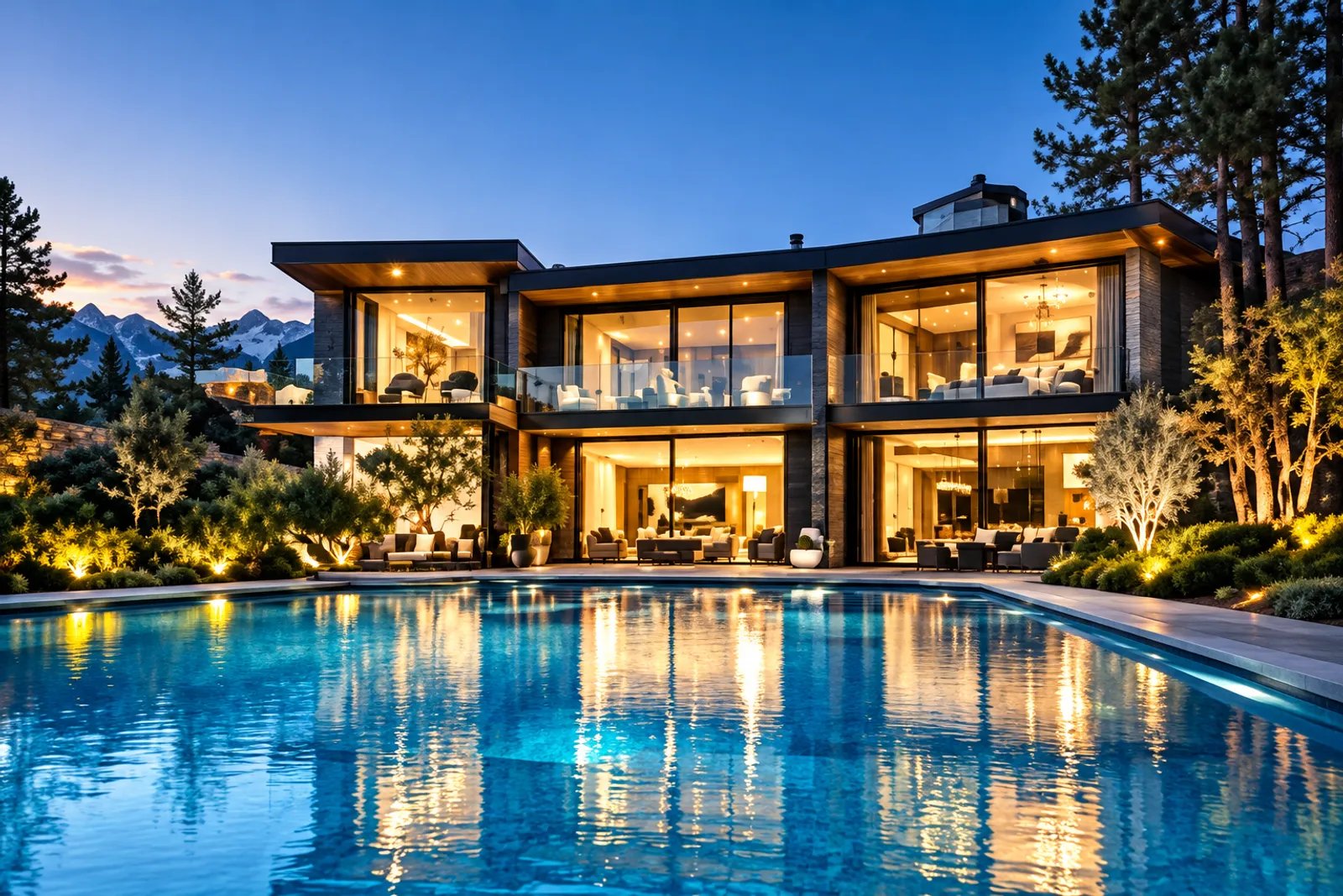 A wide modern family house at blue hour, its windows and balconies lit warm, a long lit pool across the front and pines behind