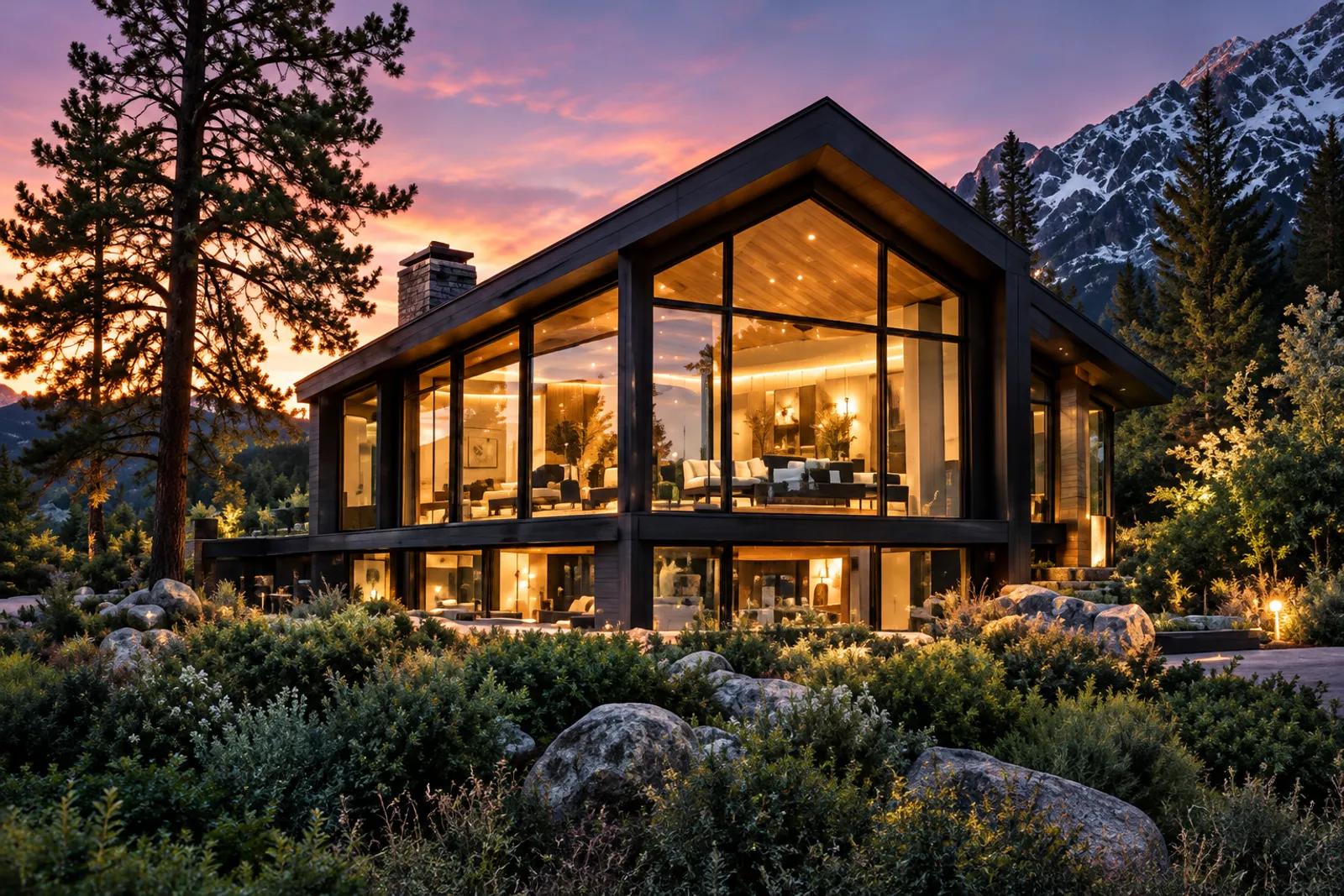 A dark timber mountain house with a tall glass gable glowing at sunset, pines around it and snowy peaks under a pink sky