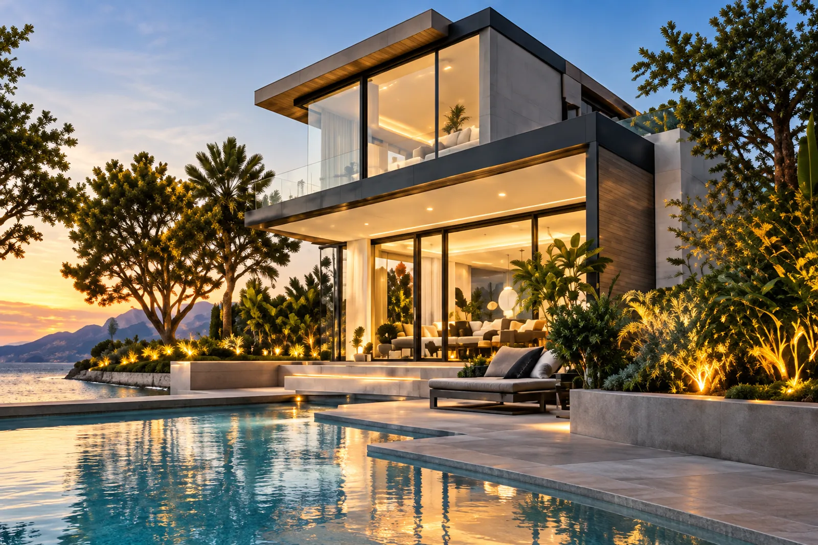 A white and glass villa with a cantilevered upper floor above the coast in late golden light, palms and a pool terrace with a lounger