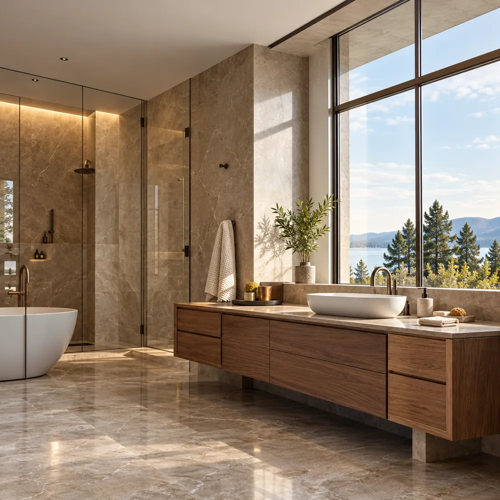 A spa bathroom in warm stone with a freestanding bathtub, a floating wood vanity and a tall window onto pines and the water