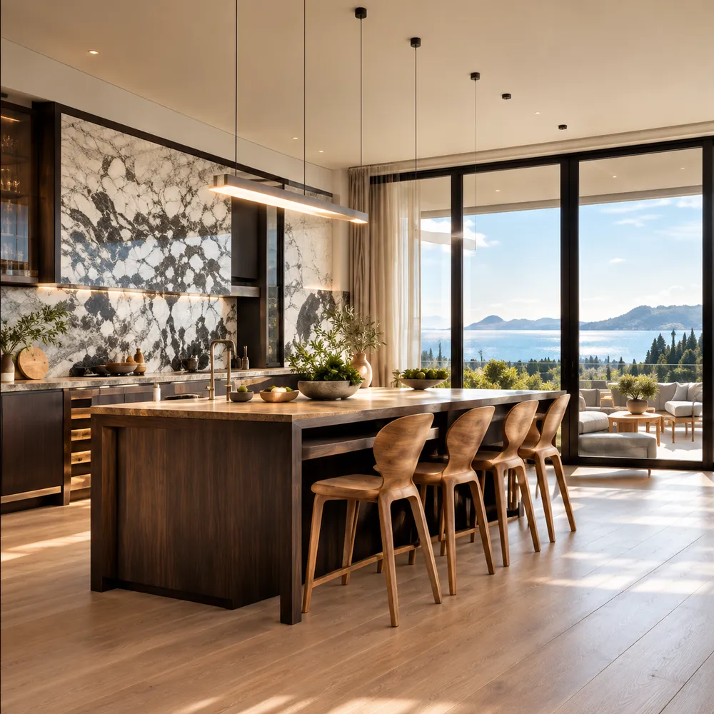 An open kitchen with a long dark wood island and four bar stools, a veined stone wall and glass doors onto a terrace and the lake