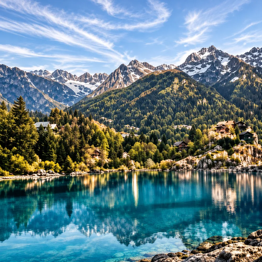 A turquoise mountain lake with forested shores and jagged snowy peaks under a blue sky
