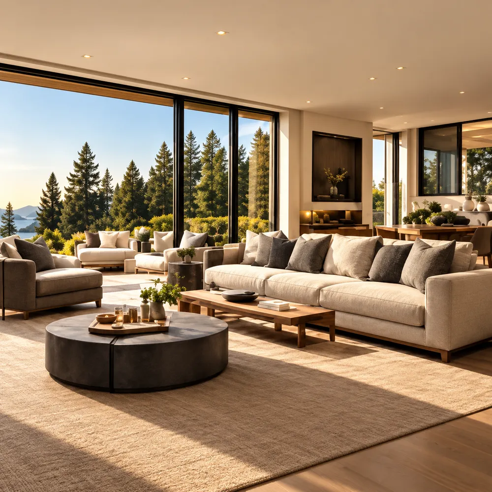 A living room with a long cream sofa, a round dark coffee table and big windows onto pines and a lake
