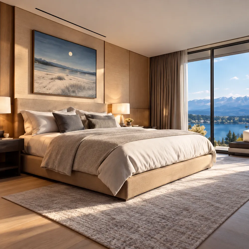 A primary bedroom in warm taupe with a wide bed, a landscape painting above it and a tall window onto the lake