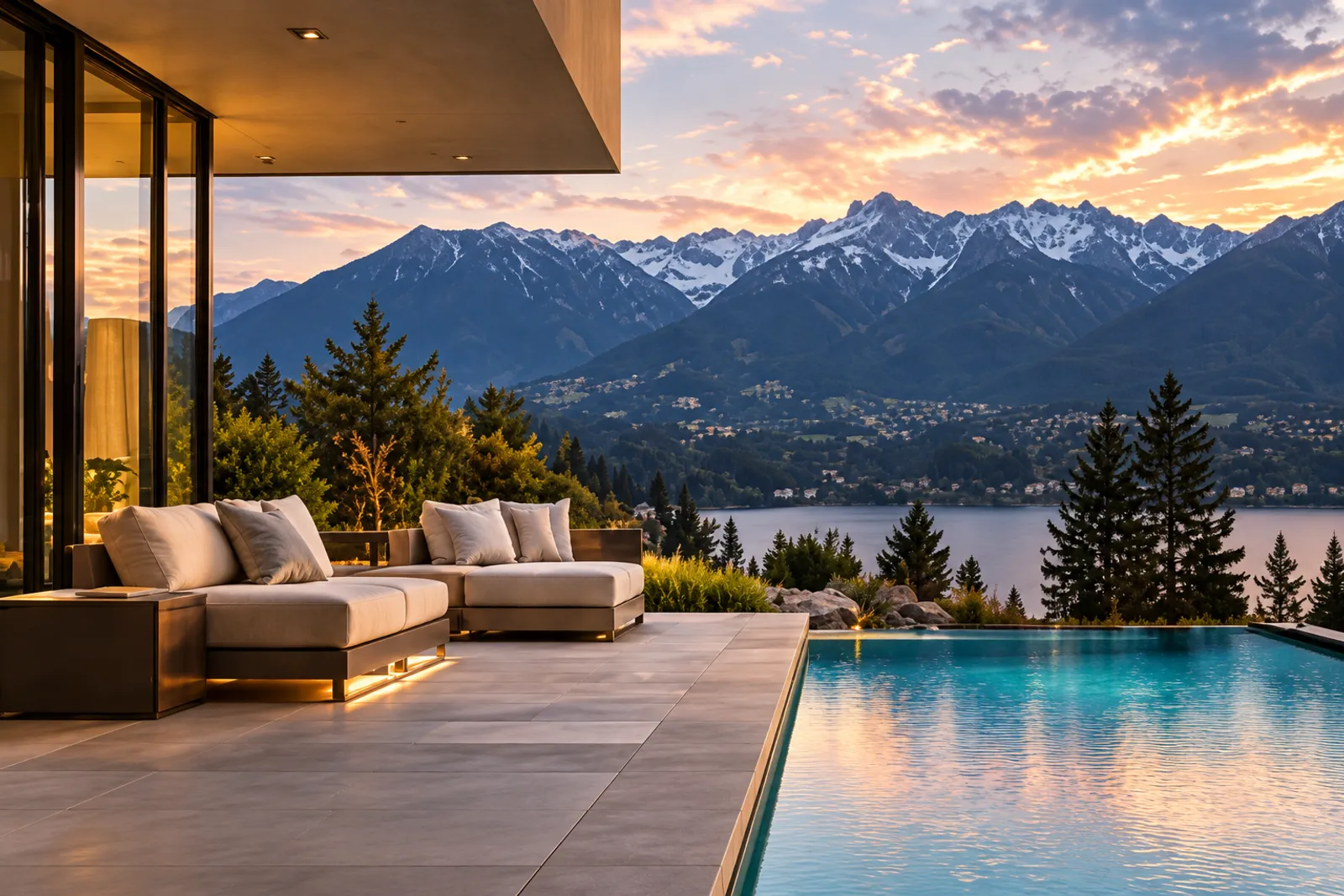 A covered terrace with cream outdoor sofas beside the corner of an infinity pool, looking over a lake valley to snowy peaks at sunset