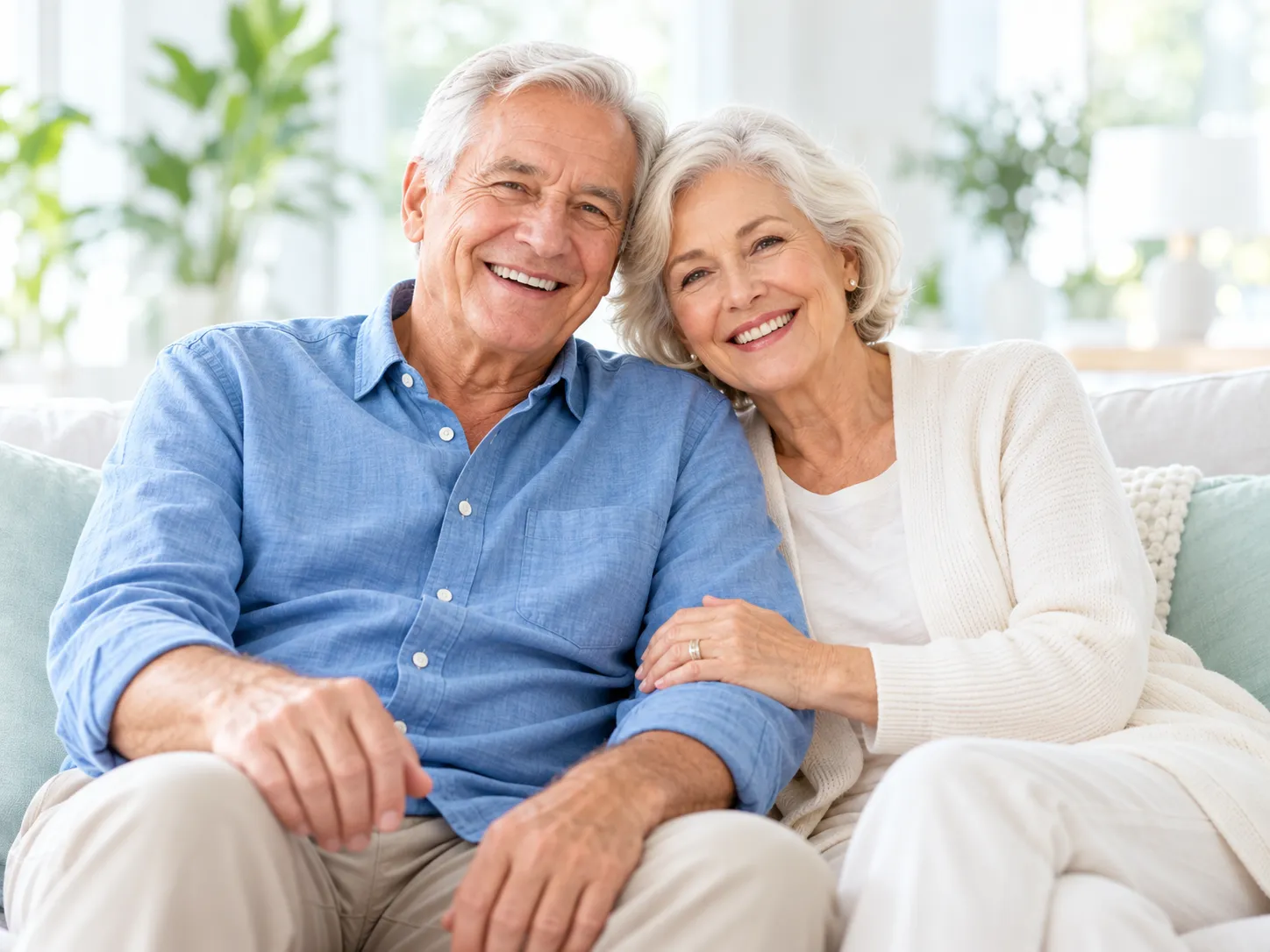 A smiling older couple on a light sofa, the man in a blue shirt and the woman in cream with her hand on his arm
