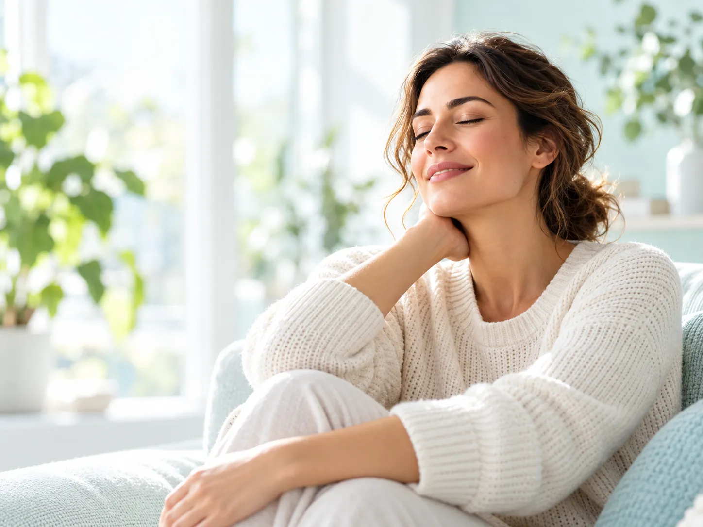 A woman in a cream jumper resting with her eyes closed and a calm smile, by a sunny window full of plants