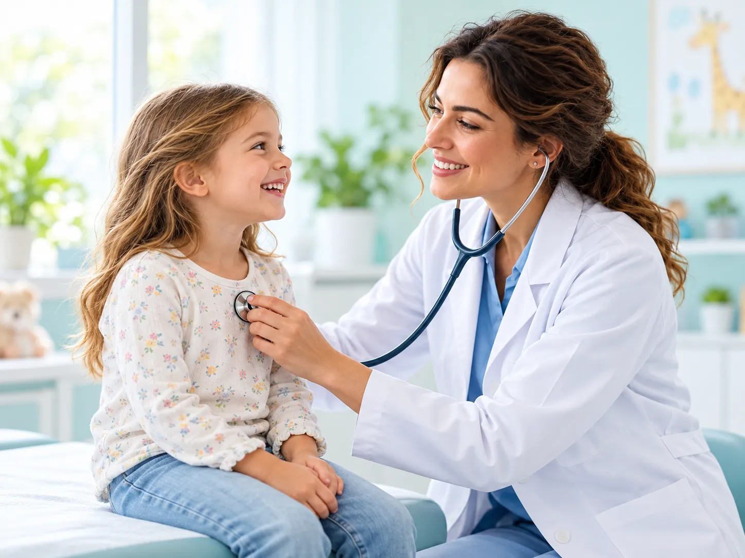 A smiling doctor listening with a stethoscope to a laughing little girl who sits on an exam table in a bright room