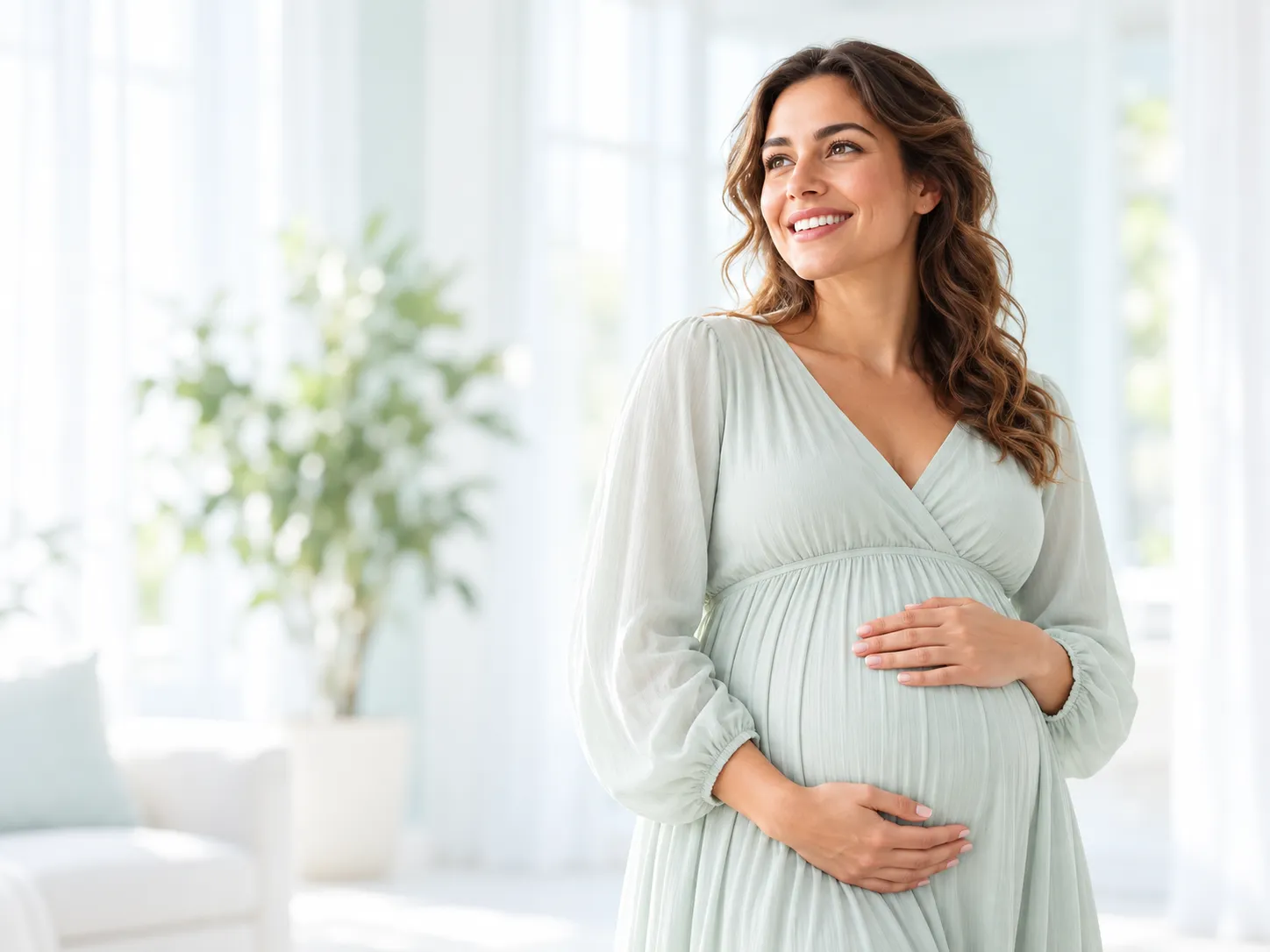 A smiling pregnant woman in a pale green dress with both hands on her belly, in a bright room with sheer curtains