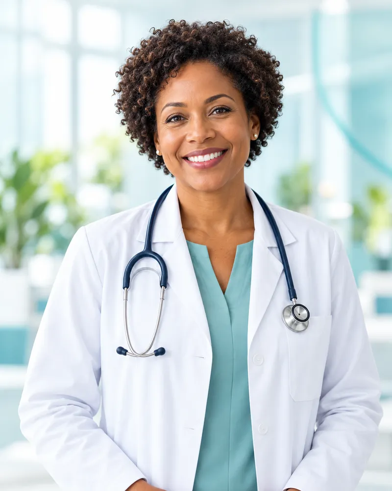 Dr. Amara Okafor, smiling, with short curly hair, in a white coat over a teal top with a stethoscope