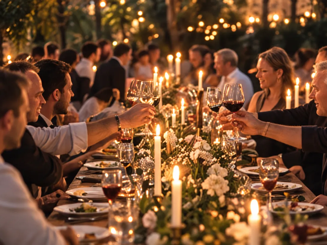 Friends raising glasses of red wine across a long candle-lit table laden with plates and flowers
