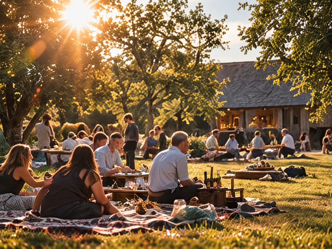Colleagues sharing lunch on picnic blankets on a sunny lawn, the barn behind and the sun flaring through the trees