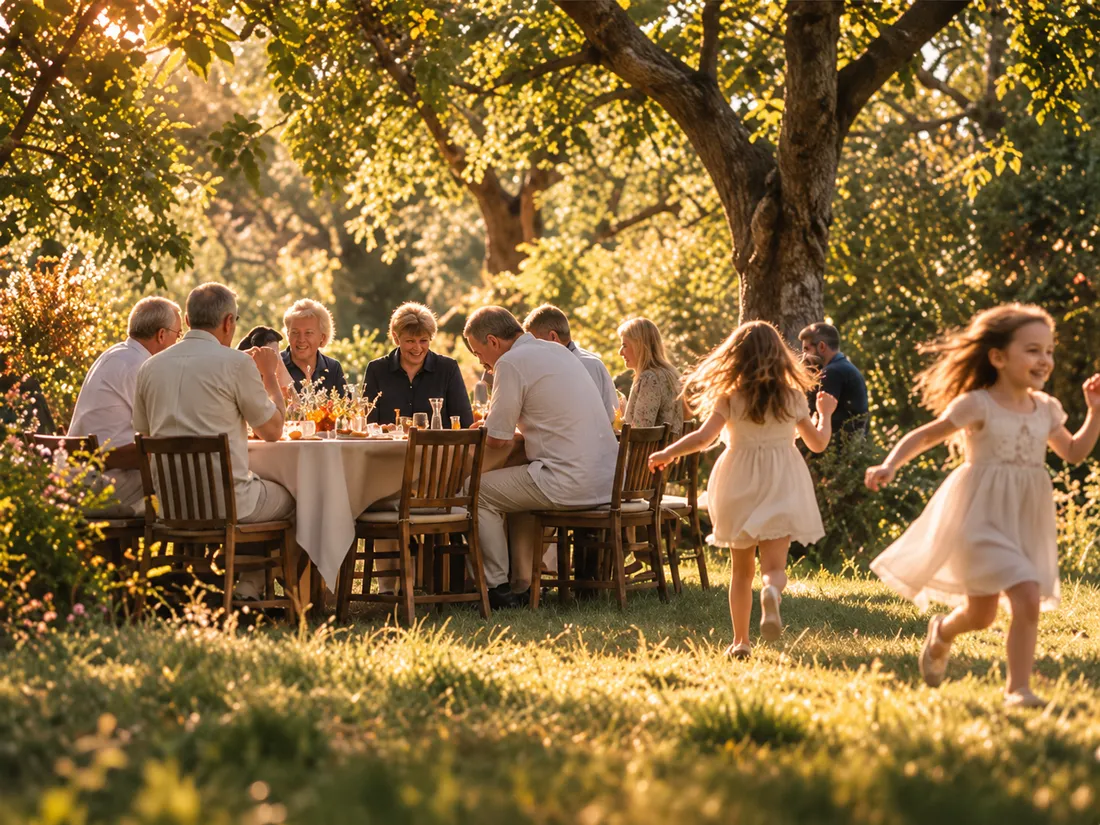 A family at a long white-clothed table under big trees while two little girls run across the grass