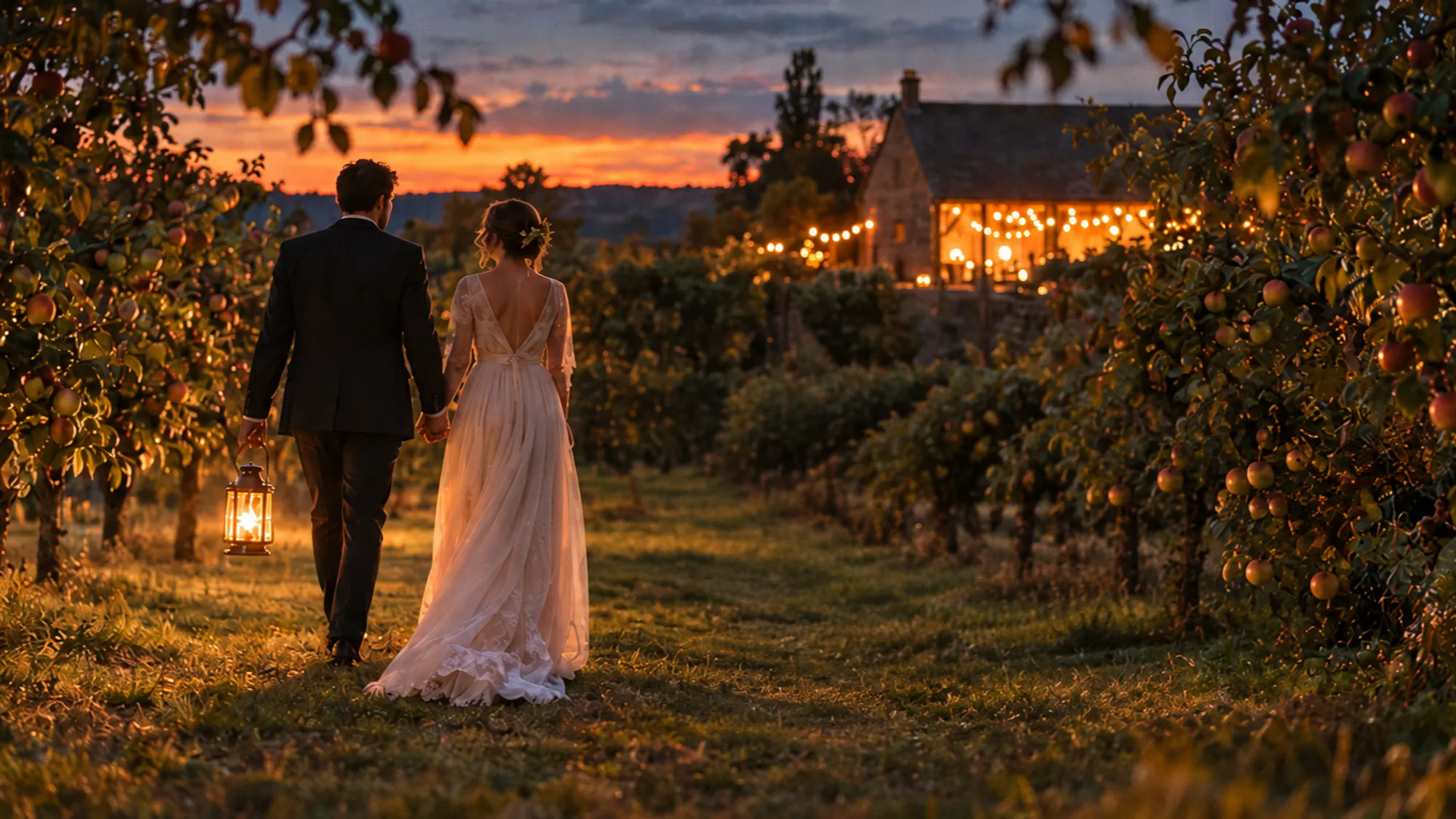 A bride and groom walking away down an orchard path at dusk with a lantern, the lit barn far ahead
