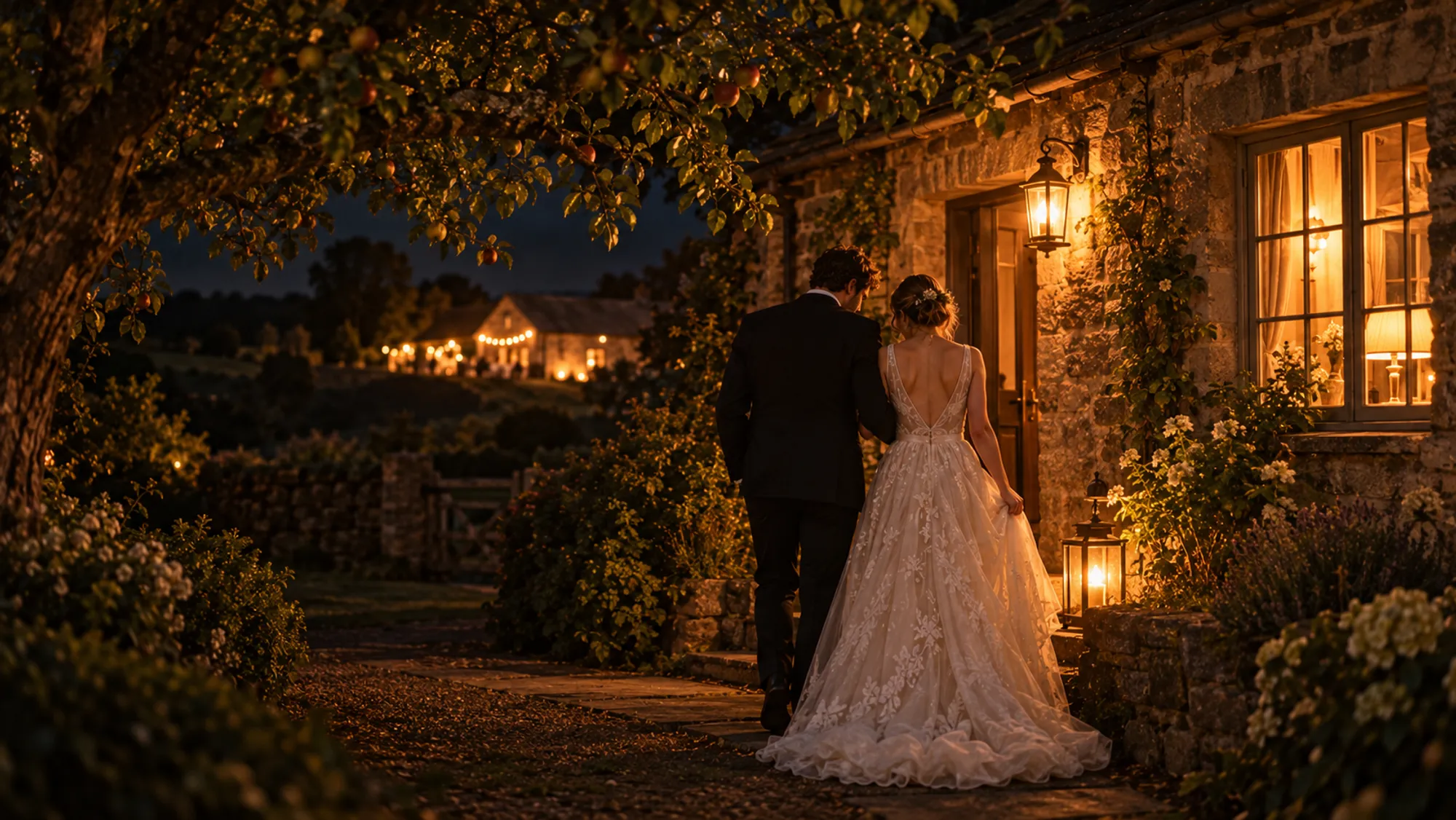A bride and groom seen from behind at the lantern-lit door of a stone cottage at night, the barn glowing far behind