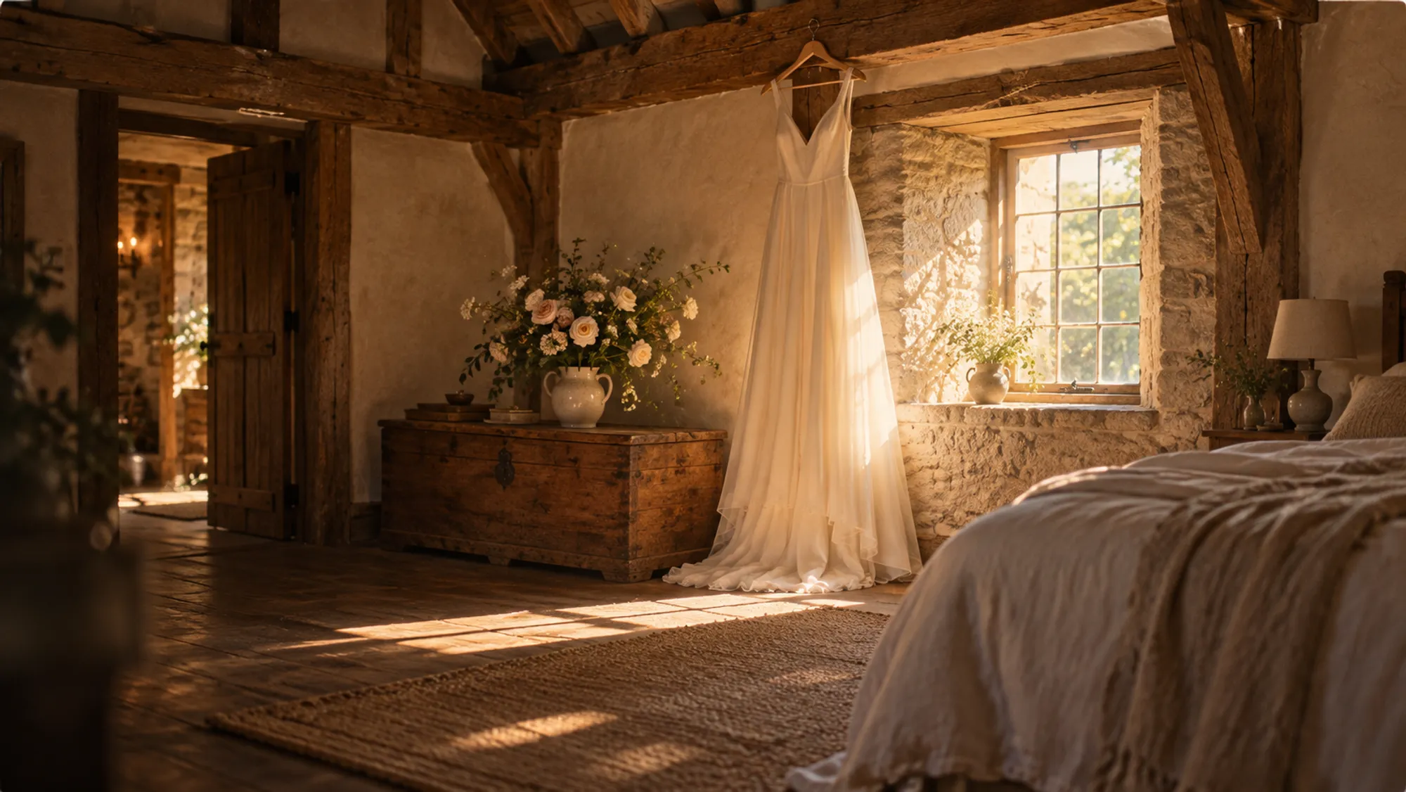 An ivory wedding dress hanging from an oak beam beside a cottage window in soft morning light, roses on a chest