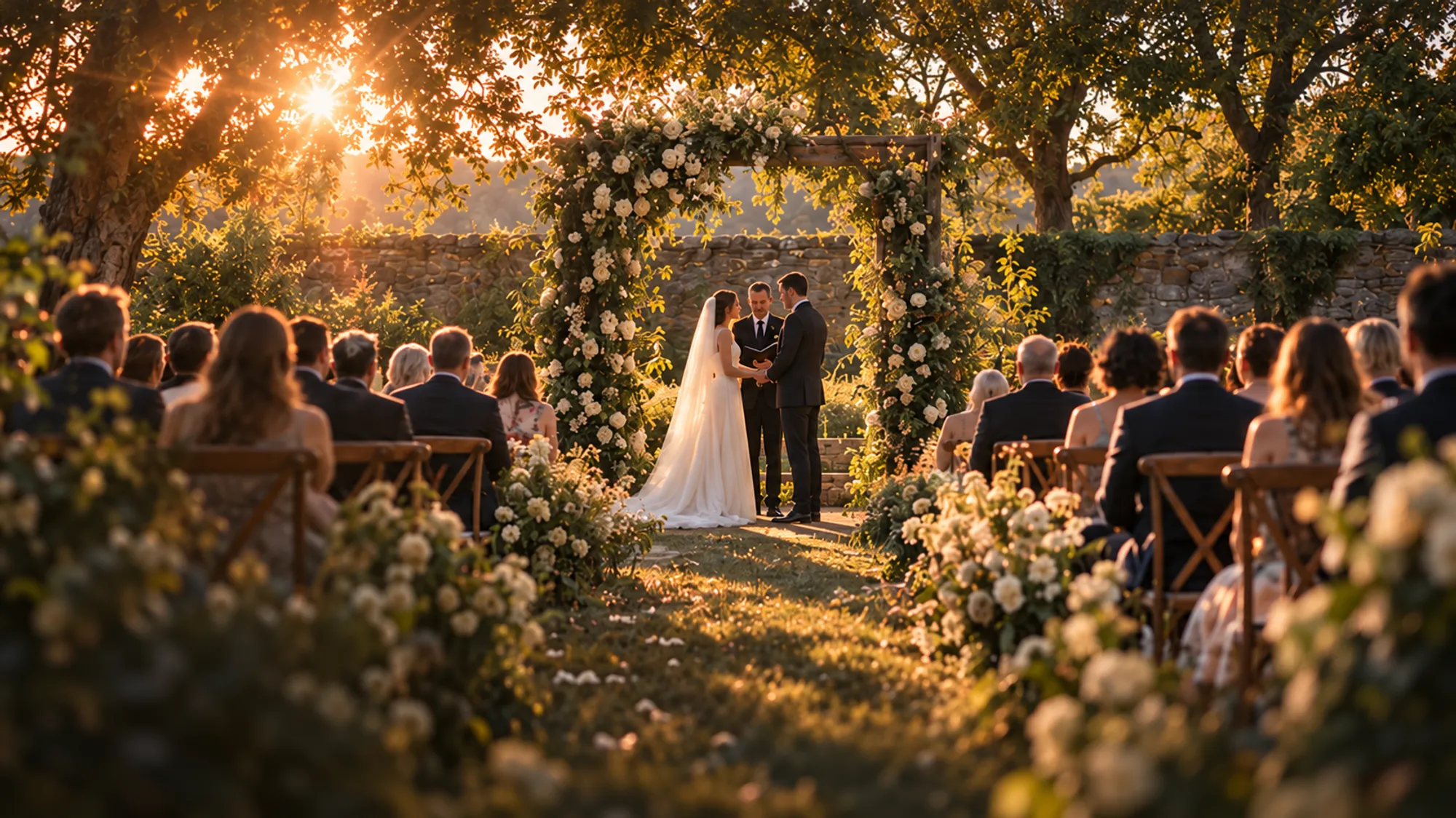A couple marrying under a rose-covered arch in a walled garden, guests seated either side, sun through the oaks