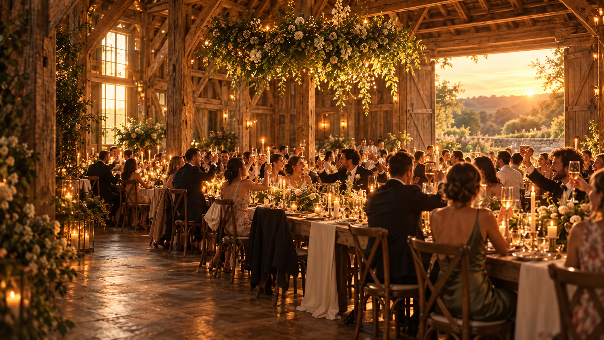 Guests at long candle-lit tables in the oak-framed barn, the far doors open onto a golden evening garden