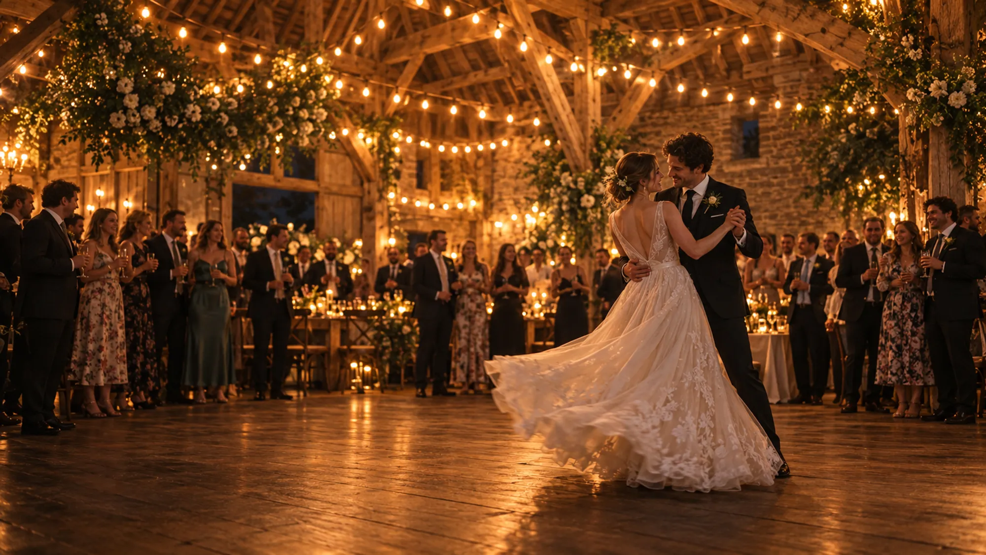A bride and groom turning in their first dance under festoon lights in the barn while guests watch