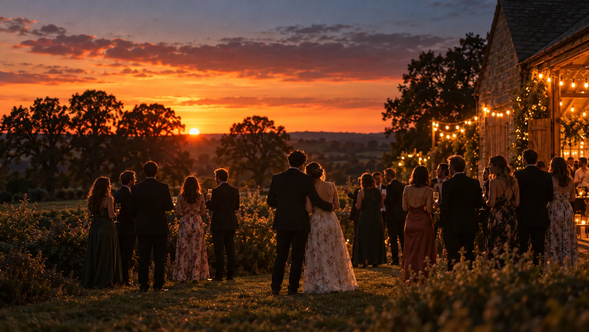Wedding guests in silhouette on the lawn watching the sun set behind oak trees, the barn's lights glowing at right