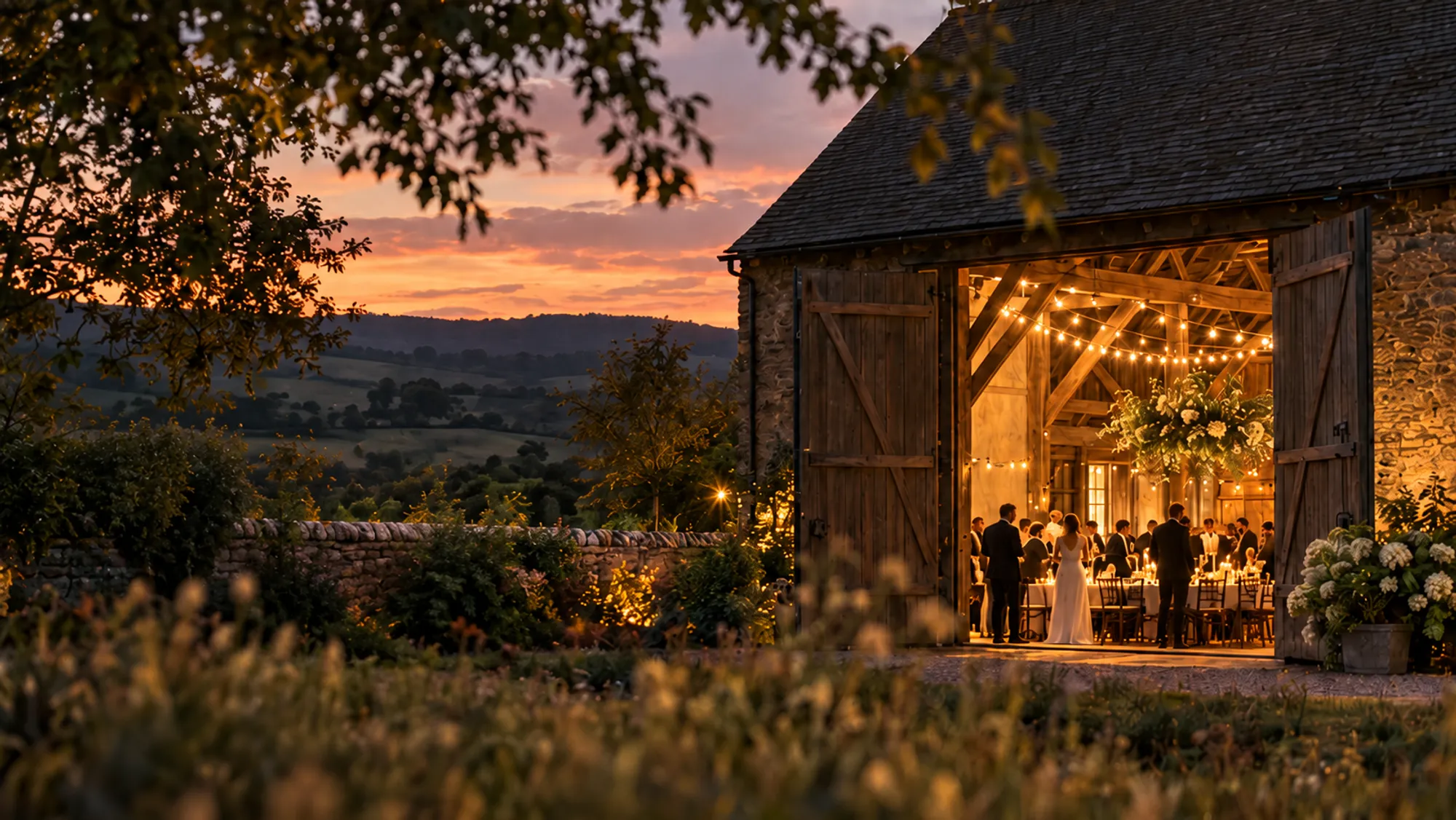 A stone and timber barn at dusk, its doors open on candle-lit tables under festoon lights, hills and a pink sky to the left