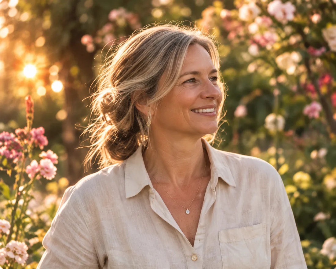 Portrait of Hannah Ashdown in a linen shirt, smiling in a flowering cottage garden