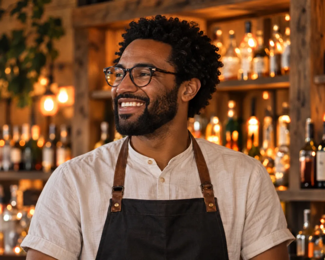 Portrait of Joel Mensah in glasses and an apron behind the timber bar
