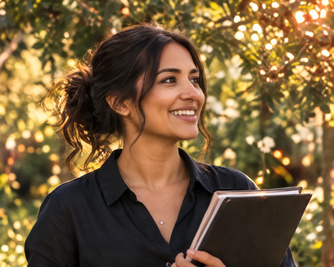 Portrait of Priya Nair in a black shirt holding a folder, smiling in the garden