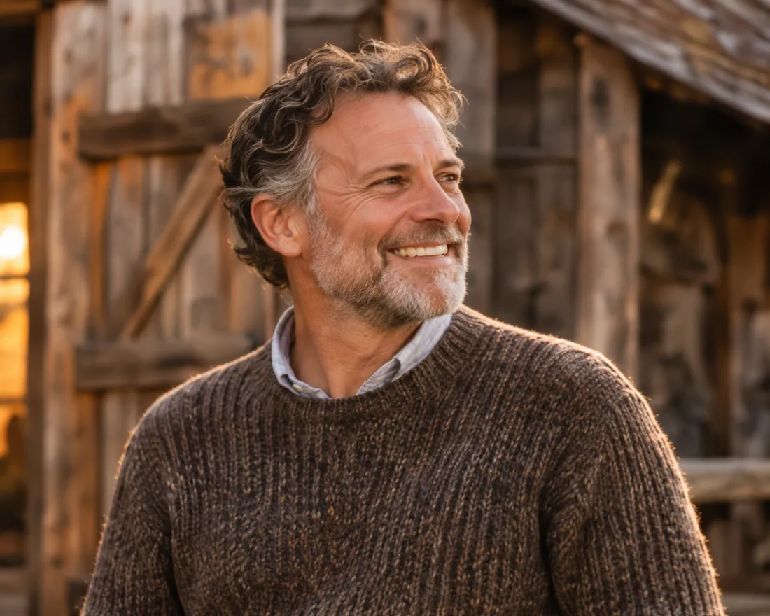 Portrait of Tom Ashdown in a brown knitted jumper by the weathered barn door
