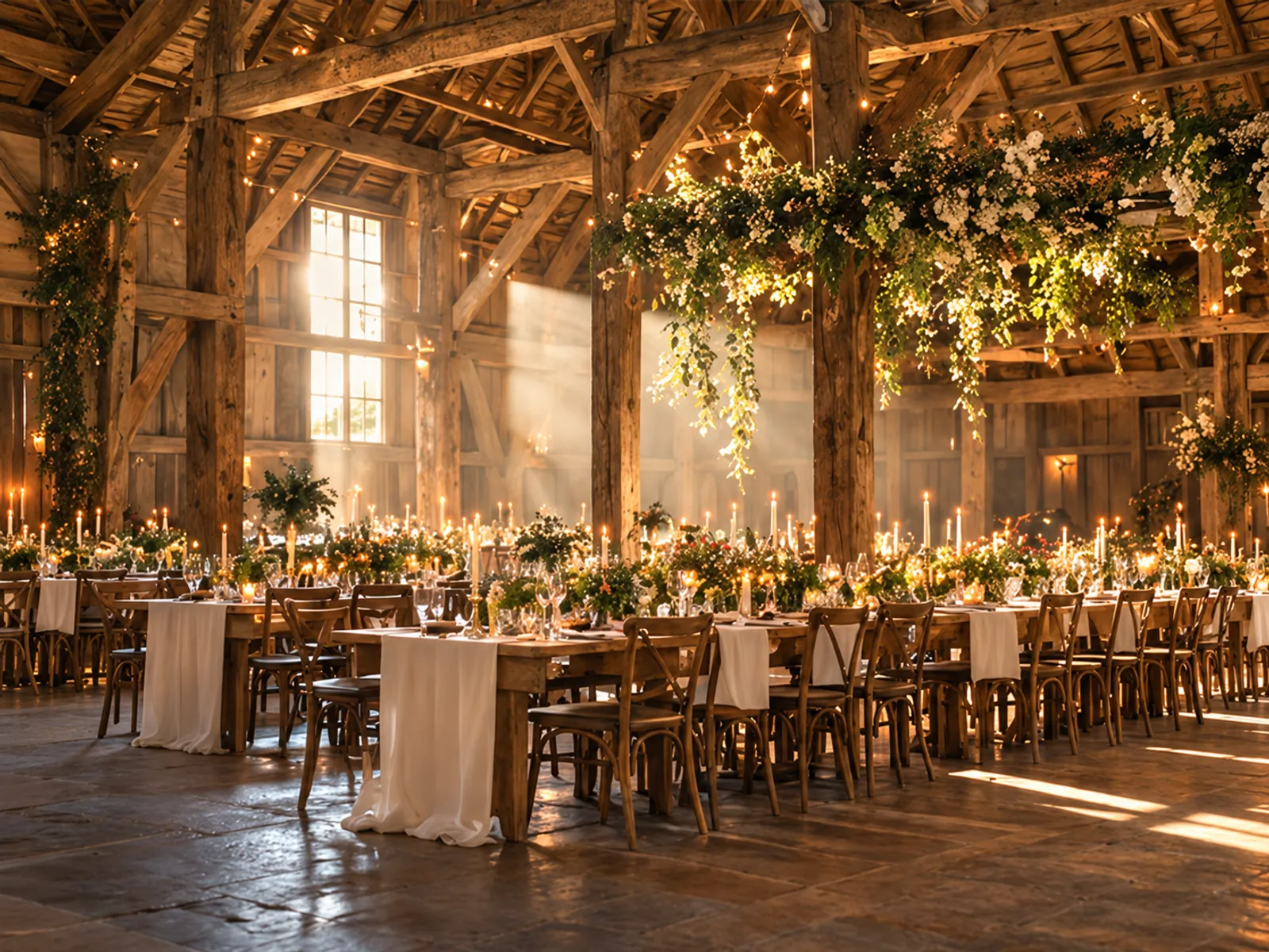 The barn hall by day: oak trusses, long tables in ivory linen, candles and greenery, sunlight through tall windows