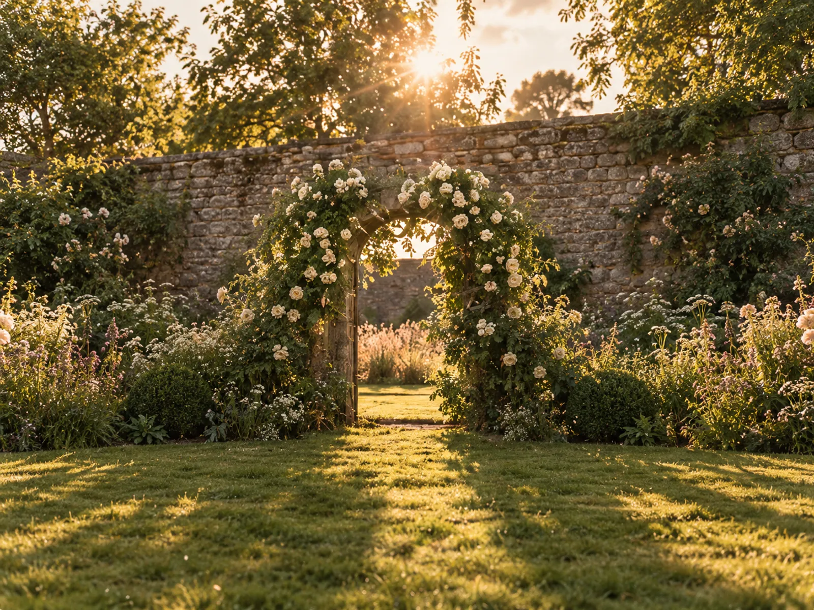 A rose-covered wooden arch on a lawn inside an old stone-walled garden, the sun flaring through the trees behind