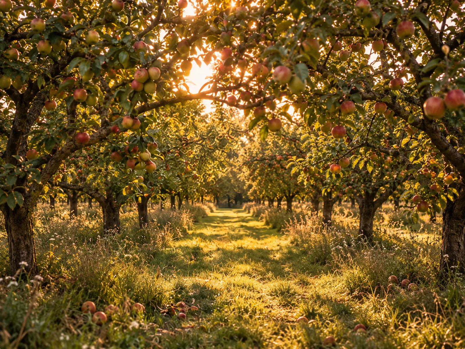 A mown path between old apple trees heavy with red fruit, low golden sun and long shadows
