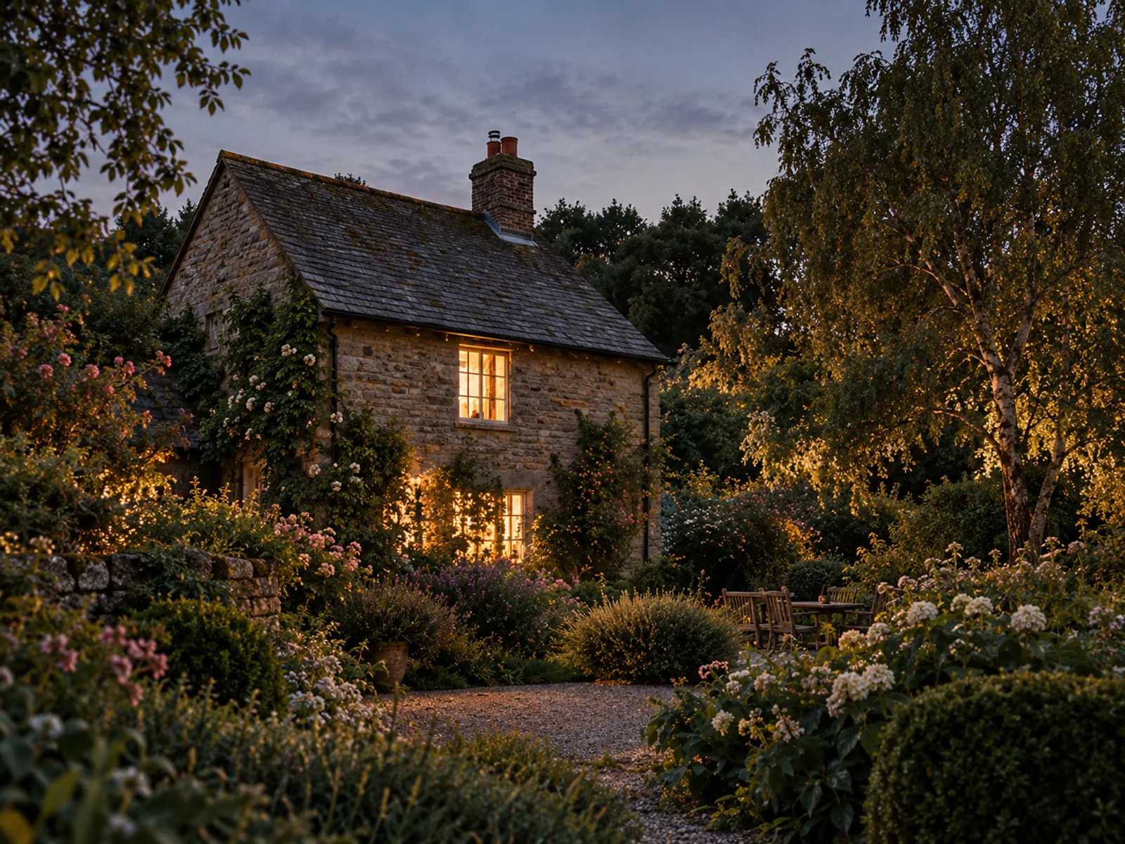 A low stone cottage with a slate roof at dusk, warm light in its windows behind a flowering garden
