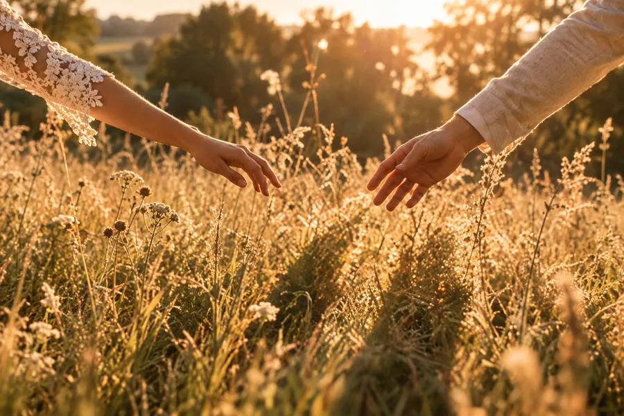Two hands reaching for each other over tall golden grass in warm backlight