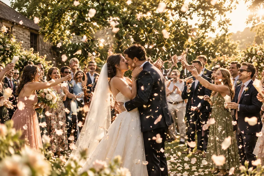 A bride and groom kissing as petals fall and their guests cheer around them