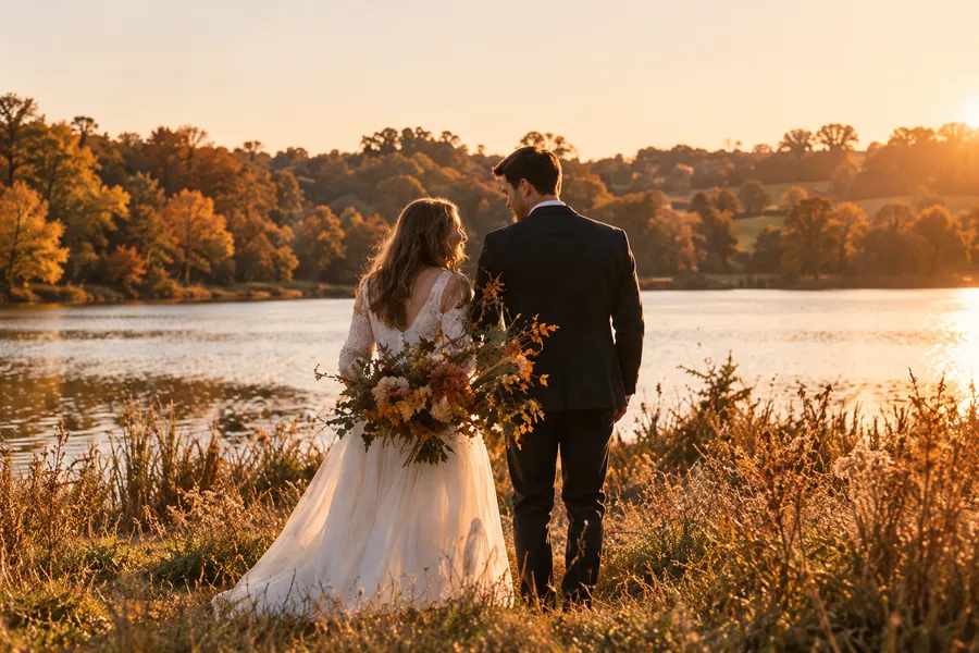 A bride with an autumn bouquet beside her groom at the edge of a lake at golden hour