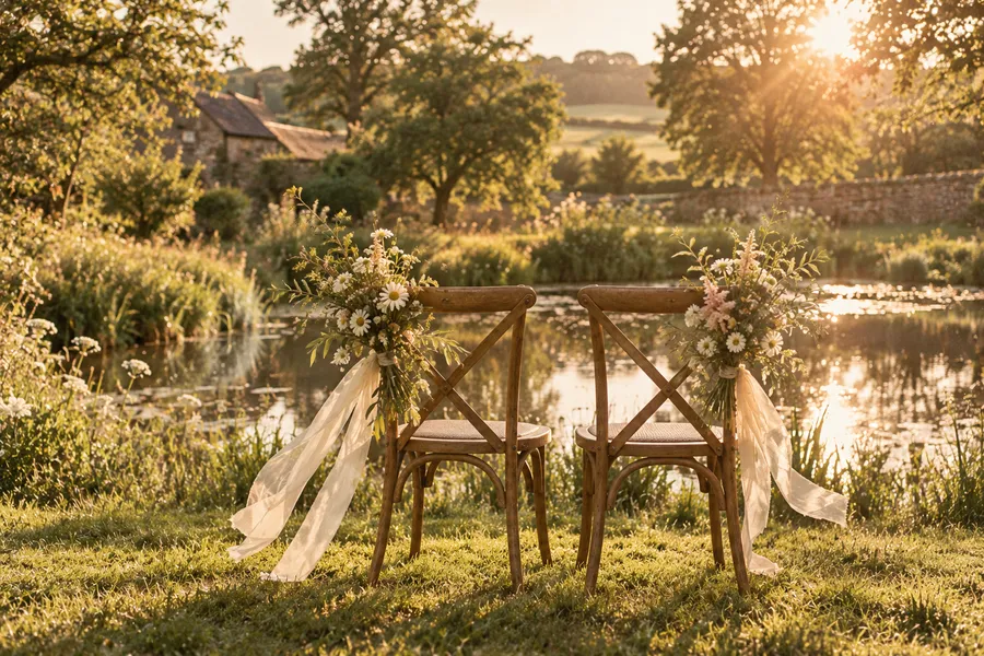 Two wooden wedding chairs dressed with wildflowers and ribbon on a lawn beside a pond