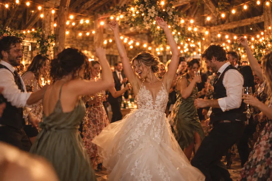 A bride dancing with her arms raised among guests under festoon lights in the barn