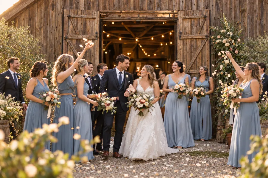 A couple with bridesmaids in dusty blue laughing in the open doorway of a timber barn