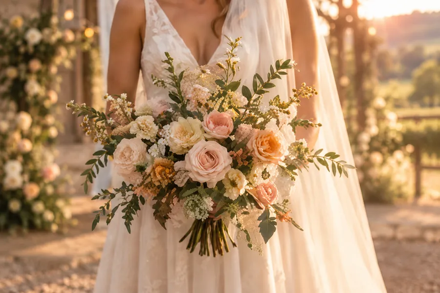 A bride's bouquet of peach roses and white blooms held against her ivory dress